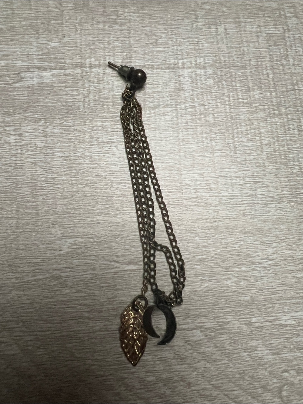 Long Chain Dangle Earring with Leaf and Crescent Charms - Bronze Tone